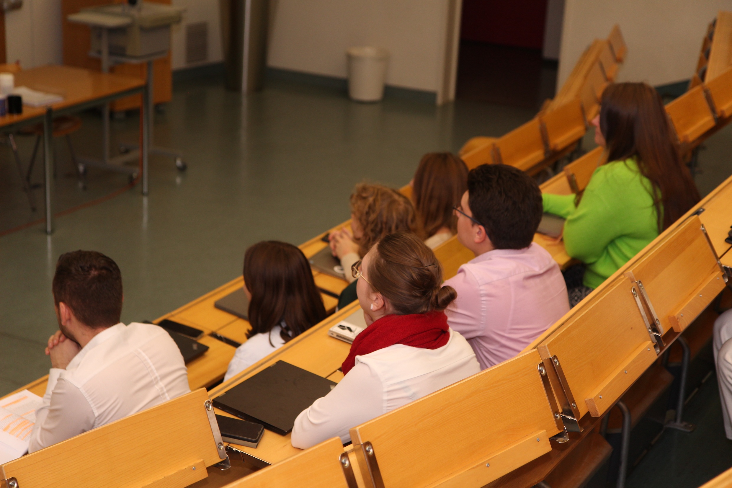 Das Bild zeigt einen Hörsaal am Deutschen Seminar, Studierende sitzen in den Reihen und sehen konzentriert nach vorne.