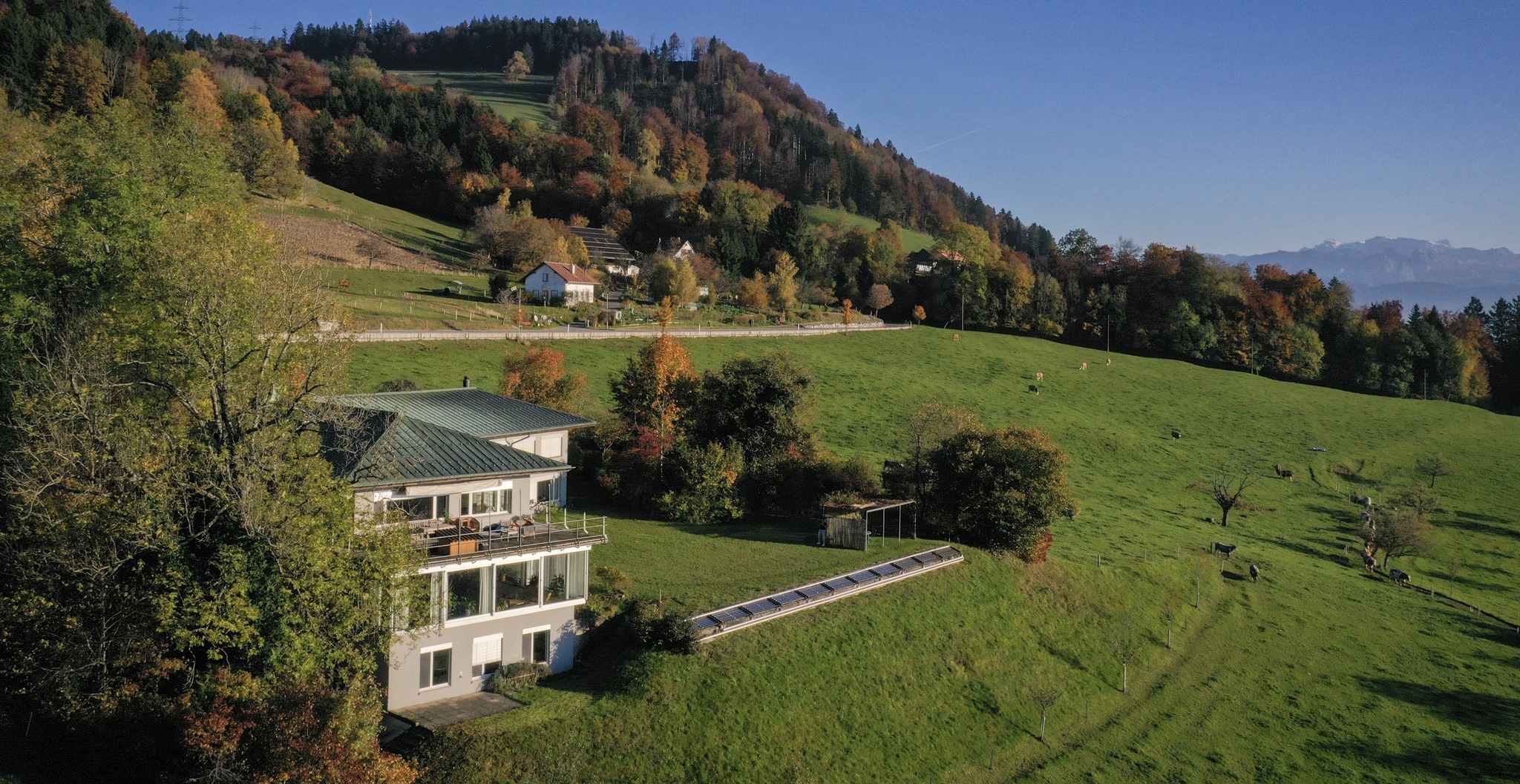 Das Bild zeigt den Blick auf grüne Wiesen, in der Mitte liegt das Übersetzerhaus Looren.