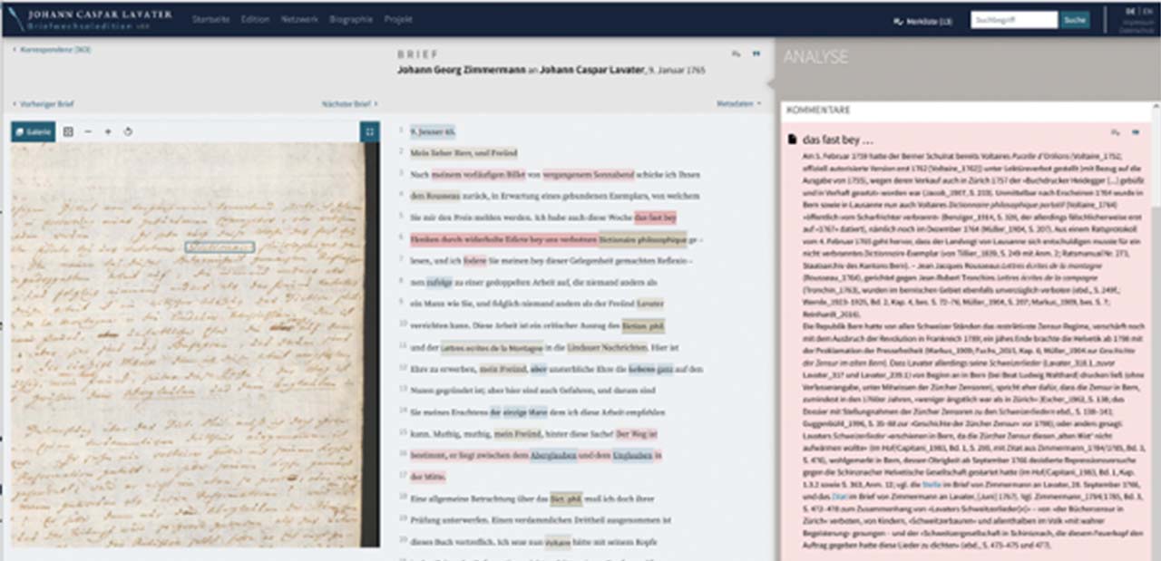 Das Bild zeigt eine Vorschau auf die Onlineedition Lavater. Links eine Handschrift, in der Mitte das Transkript davon und rechts den Kommentar.
