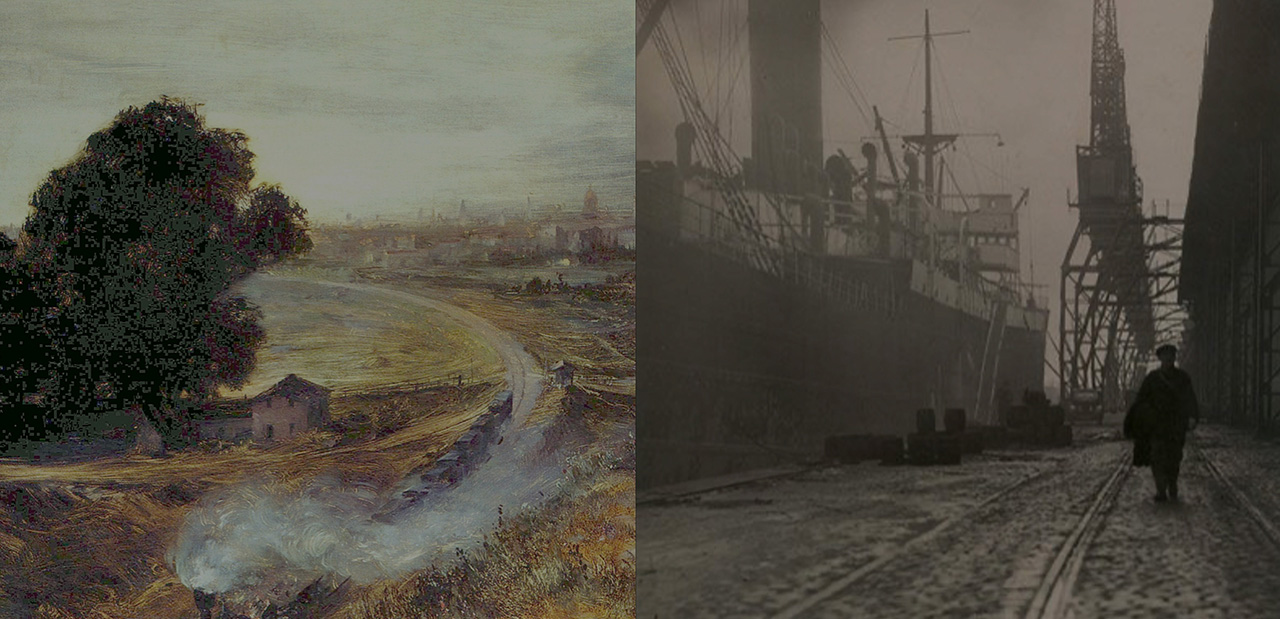 Das Bild zeigt links eine idyllische Landschaft - ein Gemälde - und rechts eine Hafenszene in schwarz-weiss.