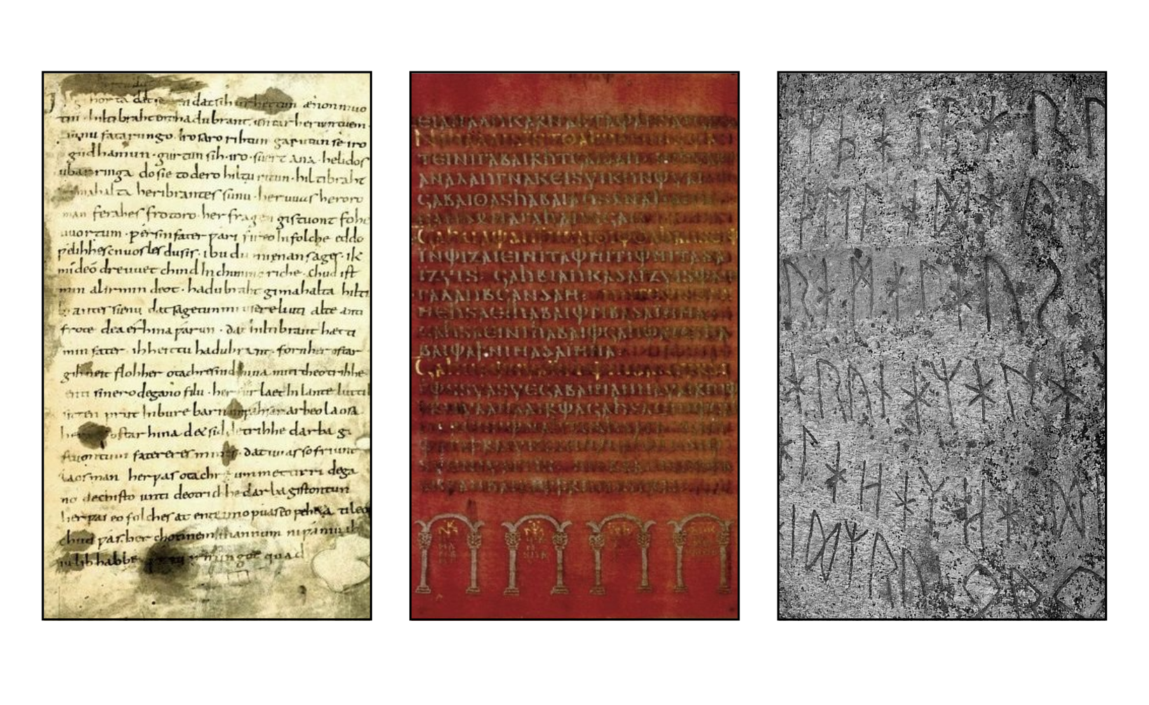 Bildnachweis: Bilder aus Wikimedia Commons. Links: Hildebrandslied (Public domein), Mitte: Codex Argenteus (Public domain), rechts: Runenstein von Björketorp (Foto H. Sendelbach, CC-GY-SA-2.5 - Gestaltung: LT 