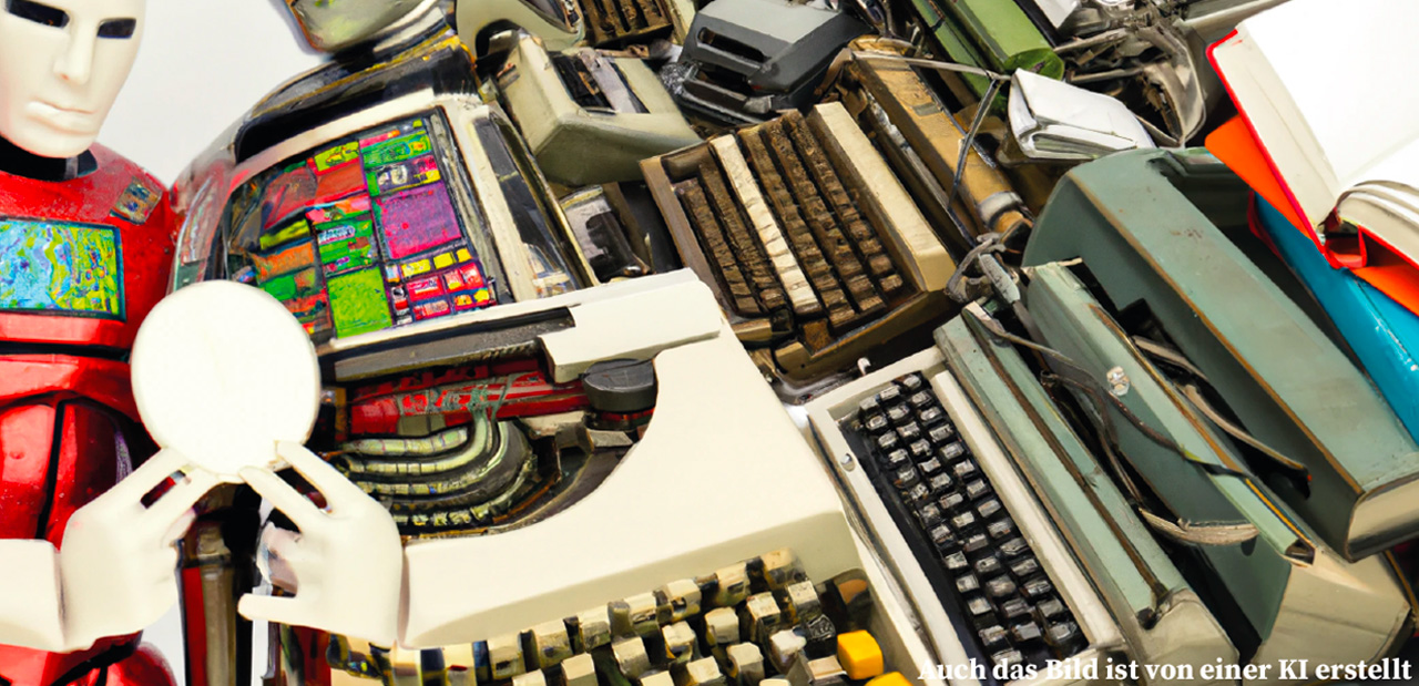 Das von einer KI erstellte Bild ist bunt: links ist ein Roboter zu stehen, in der Mitte bunte Bildschirme und rechts alte Schreibmaschinen.