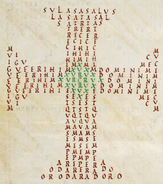 Das Bild zeigt ein Kruzifix, das aus Buchstaben besteht.